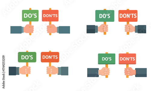 Business concept illustration showing hand holding do’s and don’ts signs for rules and guidance
