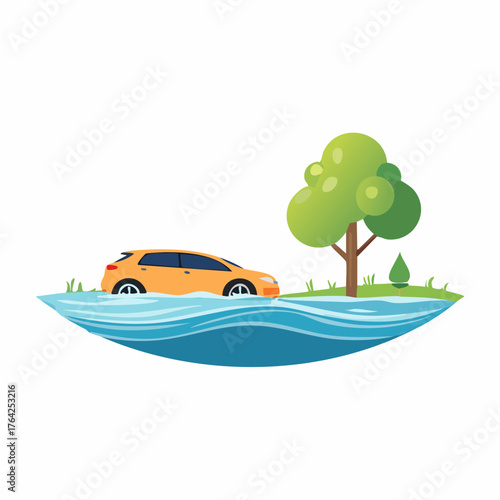 Car Flooding Illustration - Vehicle in Water with Tree.