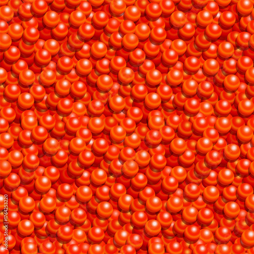 Seamless pattern with red caviar of bright orange color. Full filled background textured of many realistic caviars. Vector print for seafood delicacy illustrations, textile design and package.