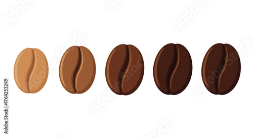 Coffee beans displaying various roast levels from light to dark.