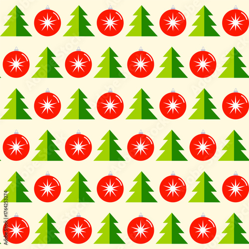 Seamless pattern of bright red Christmas balls and green fir trees on light background. Colorful and joyful vector print for baby and kids design, New Year decoration, wrapping paper or textile.