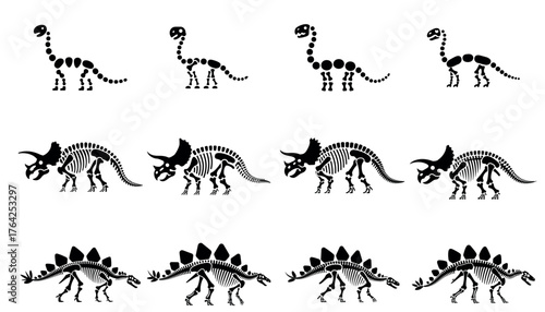 Dinosaur silhouette illustration set featuring prehistoric animal species in black vector design
