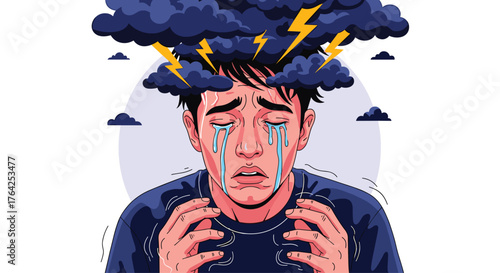 Man Crying Under Stormy Clouds Representing Mental Distress.