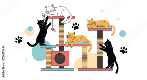 Cats enjoying a cat tree with playful interactions and relaxation.
