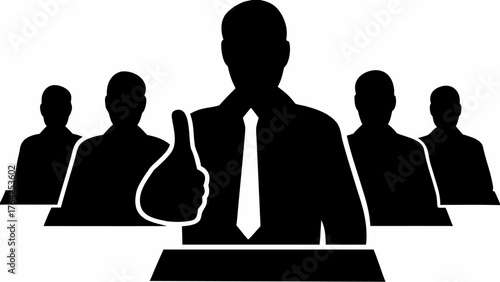Silhouette of a business leader giving a thumbs up with a team behind him in a black and white illustration