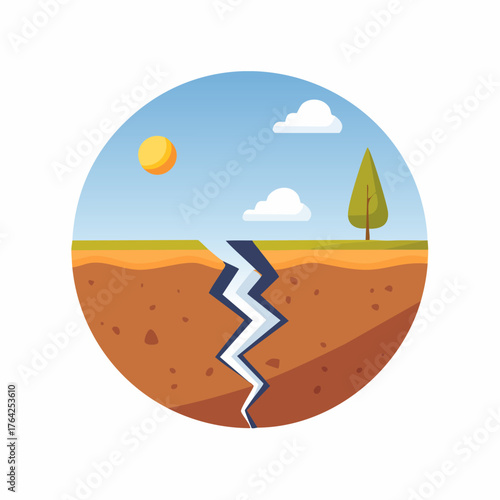 Earthquake illustration with a crack in the ground and nature.
