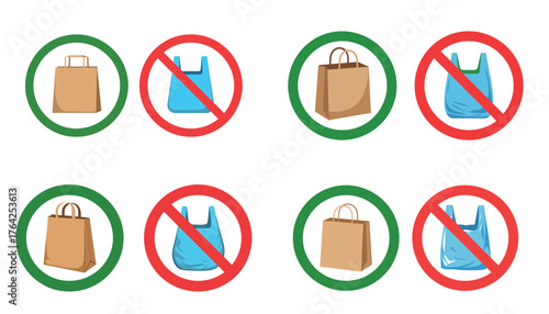 Eco friendly illustration showing plastic bag ban and paper bag approval signs
