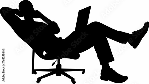 Silhouette of a relaxed person reclining in an office chair with a laptop on their lap in black and white
