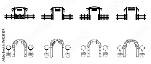 Decorative garden gate and arch vector set with lamp and flower pot designs for outdoor landscape and architecture projects