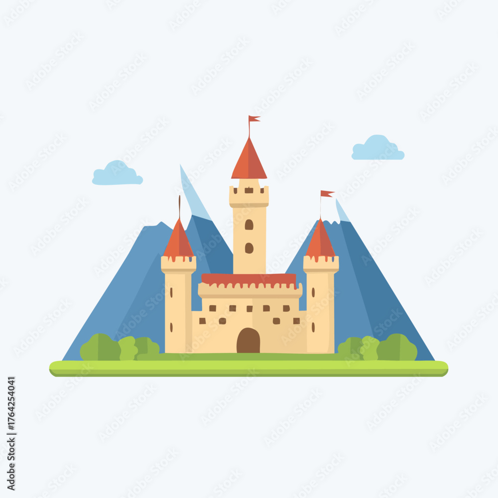Fototapeta premium Majestic castle illustration with mountains and blue sky background.