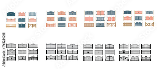 Collection of vintage and modern fence designs vector set with different decorative patterns and styles for architecture and landscape projects