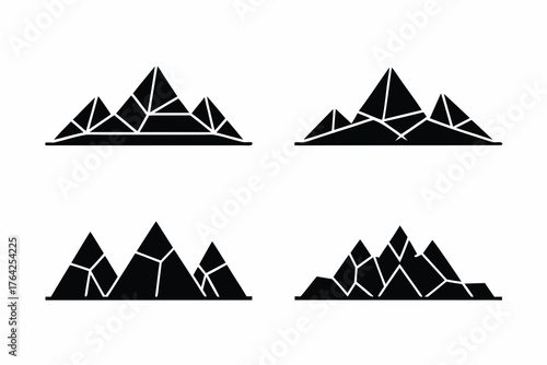 set of Abstract polygonal mountain landscape icon, low poly vector, white background