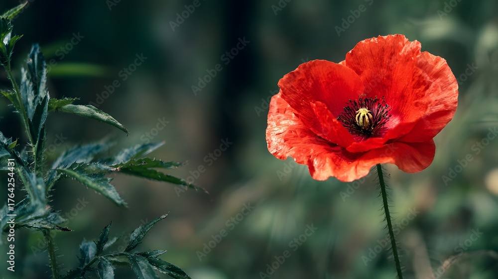 Obraz premium Vivid red blossom stands tall against a deeply shaded natural background