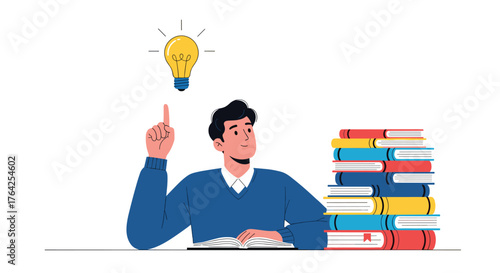 Man with Idea Bulb Above Head Sitting at Desk with Books.