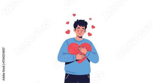 Man holding heart expressing love and affection with hearts around.