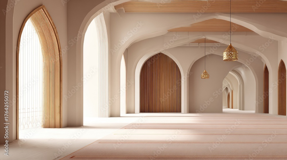 Fototapeta premium Interior view of a mosque prayer hall with arches and wooden doors.