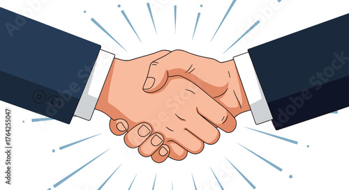 Two businessmen shaking hands in a deal agreement.