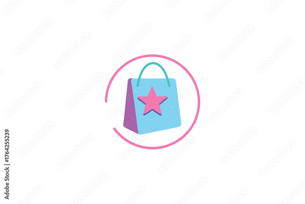Obraz premium Transparent shopping bag with vibrant floating neon star icon and subtle swirl effect