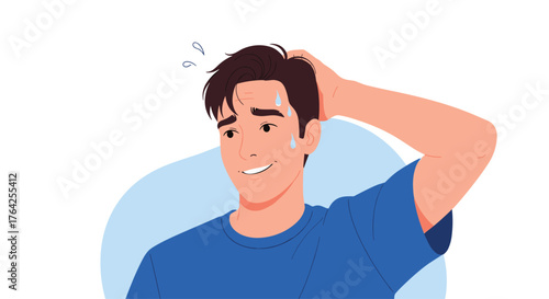 A young man scratching his head with a shy and awkward smile.