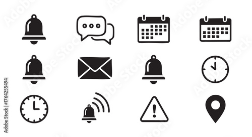 Black and white notification icons communication bell clock and messaging concept