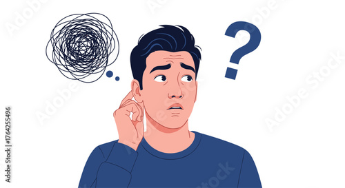 Confused man with question mark and thought bubble expressing uncertainty.