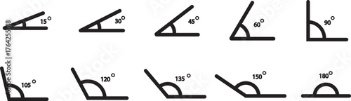 Various angles 15, 30, 45, 60, 75, 90, 105, 120, 135, 150, 180 degree icon set. Trigonometry templates. Geometric symbol. mathematical elements. Educational school geometry learning