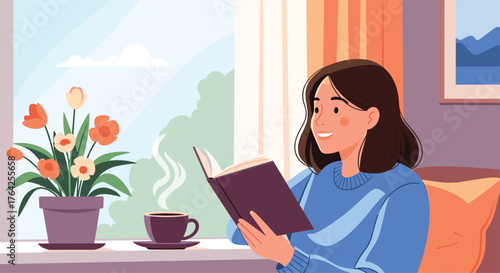 Woman enjoying a book and coffee by the window in her home.