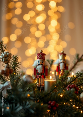 Coniferous branches and blurry shiny golden lights in christmas and new year atmosphere (ai generated) nutcrackers holiday  decoration christmas toy festive merry celebration