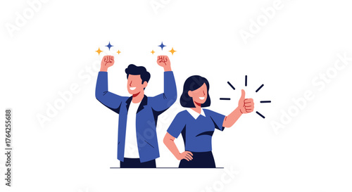 Happy people celebrating success with thumbs up and raised hands.