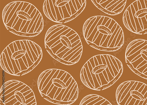 Seamless hand-drawn pattern of donuts with striped toppings, in brown background and doodle style. Perfect for backgrounds, food packaging, bakery branding, and sweet-themed design projects