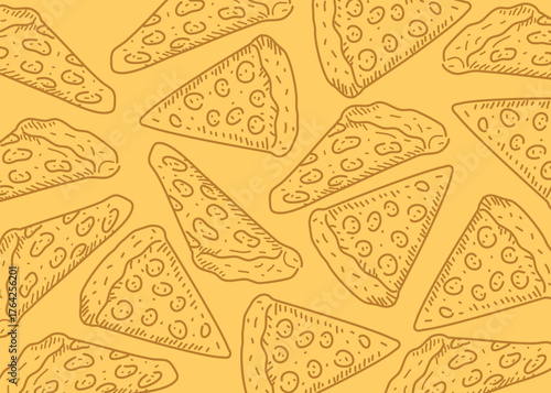 Seamless hand-drawn pattern of pizza slices with cheese and pepperoni toppings, illustrated in a fun brown doodle style. Perfect for fast food-themed backgrounds, restaurant branding