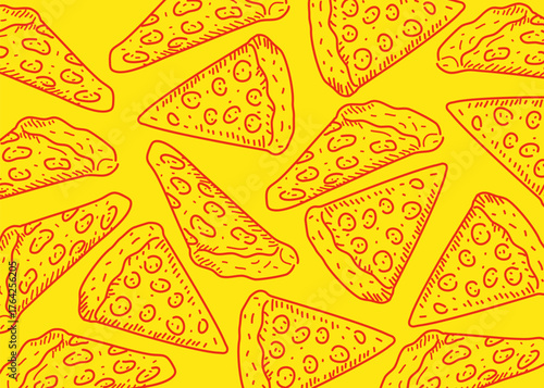 Seamless hand-drawn pattern of pizza slices with cheese and pepperoni toppings, illustrated in a fun yellow background. Perfect for fast food-themed backgrounds, restaurant branding
