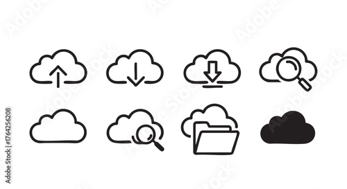 Cloud computing icons representing upload download storage and synchronization symbol