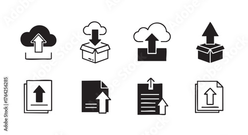 Cloud storage data uploading and downloading vector icons set isolated