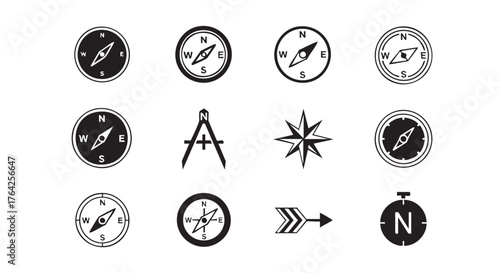 Collection of compass icons showing direction in black and white vector