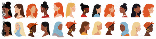 Diverse collection of stylized female profile portraits showing different ethnicities, hairstyles, and head coverings.