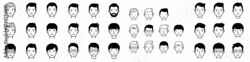 Minimalist black and white icons of diverse young men's faces and hairstyles. Vector avatar collection.