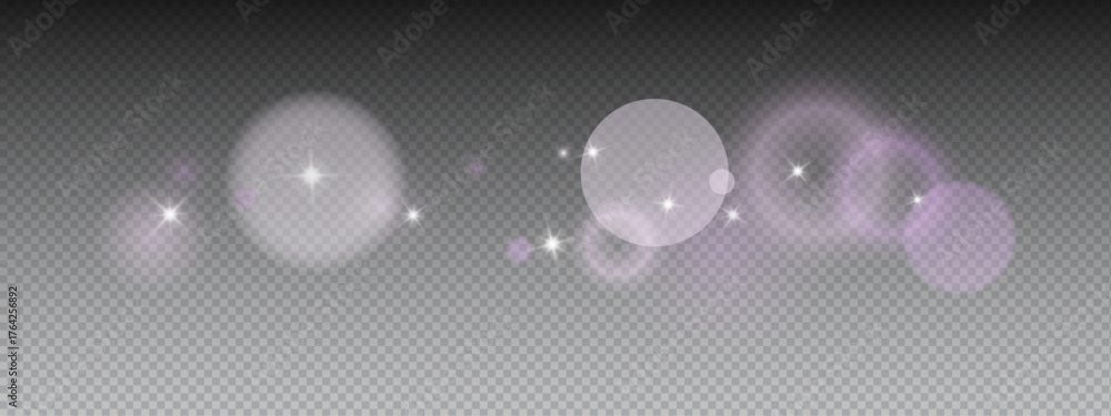 Purple bokeh background with light sparkles and glitter stars. Soft circular shapes create color abstract pattern with dreamy glow effect. Vector overlay for fantasy designs and magic compositions.
