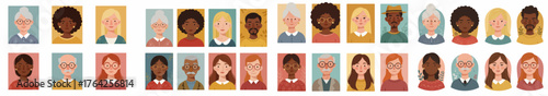 A diverse collection of illustrated avatar portraits showing different ages, genders, and ethnicities for profile icons or user representations.