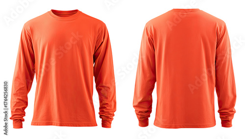 Front and back of a coral orange long sleeve shirt