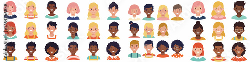 Diverse vector portrait collection of smiling male and female avatars representing users, staff, and multi-ethnic community members.