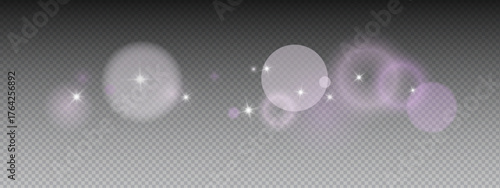 Purple bokeh background with light sparkles and glitter stars. Soft circular shapes create color abstract pattern with dreamy glow effect. Vector overlay for fantasy designs and magic compositions.