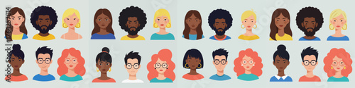 Diverse professional and casual avatar set featuring men and women of various ethnicities, skin tones, and hairstyles for user profiles or organizational charts.