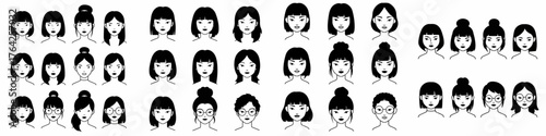Set of diverse Asian female avatars with various modern hairstyles, including bobs, buns, and glasses, depicted in minimalist black and white vector icons.