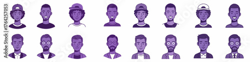 Set of diverse male vector avatars depicting various ages, styles, and professions in a modern purple monochromatic style.