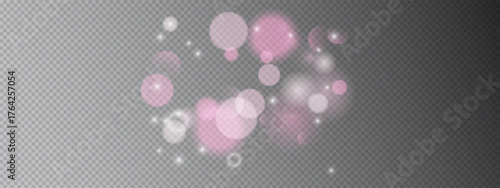 Soft pink bubble background featuring scattered glitter particles and luminous bokeh circles. Abstract texture with romantic shine and prism elements on transparent ground. Vector