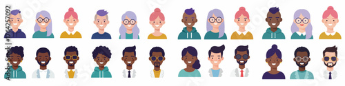 Diverse Avatars Collection of Young People: Smiling Faces, Varied Styles, Genders, and Ethnicities in Modern Flat Vector Design.