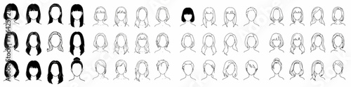 Diverse women's hairstyles vector set, featuring various lengths, bobs, long locks, and updos for avatar creation and fashion design in line art and silhouette.