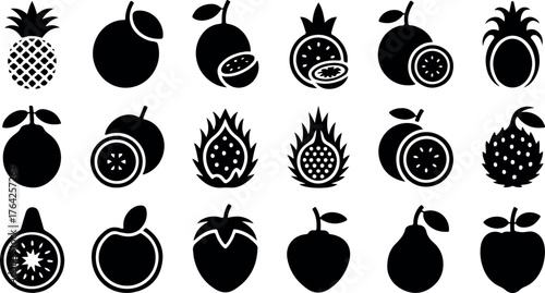 Collection of nineteen black fruit icons including pineapple passionfruit guava and strawberry