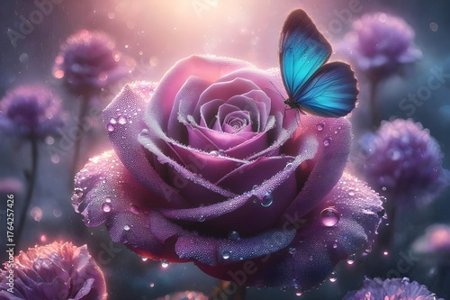 close-up, macro shot, a blue butterfly on a blooming purple rose